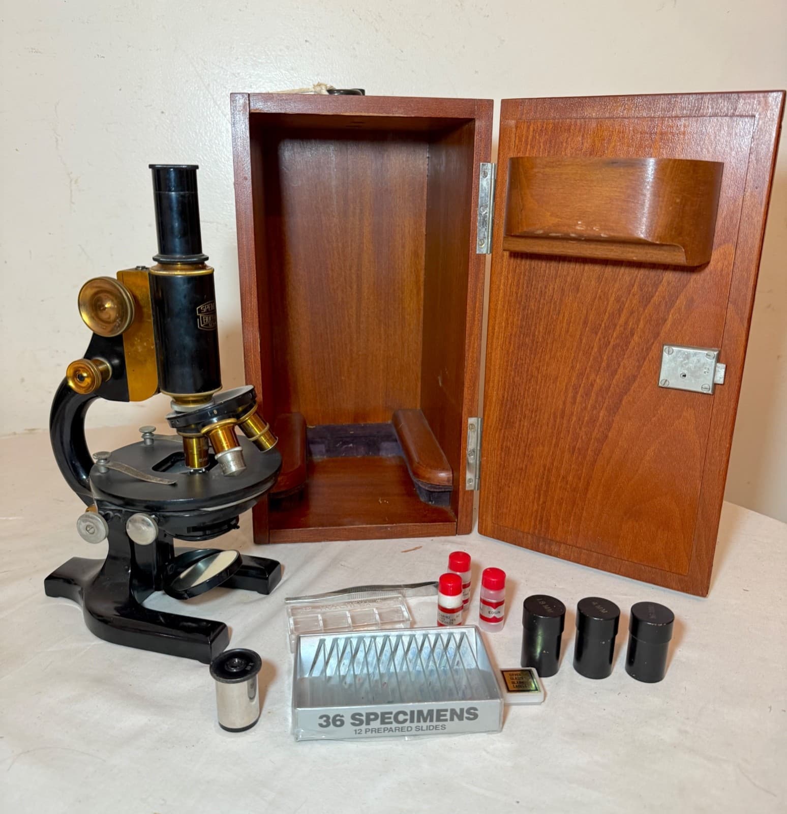 Antique lot brass A Spencer Buffalo lab microscope scientific instrument set
