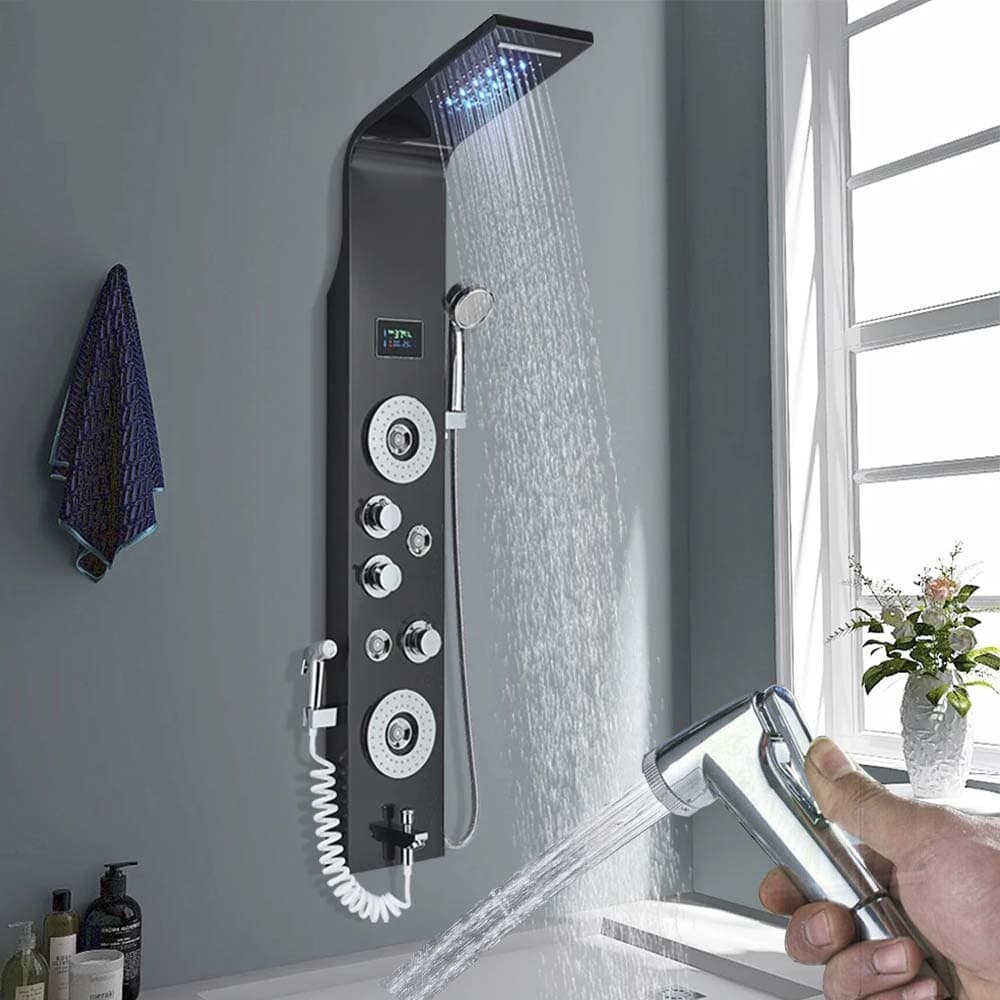 ELLO&ALLO LED Black Rainfall Shower Panel Tower Faucet Massage Body Jets System
