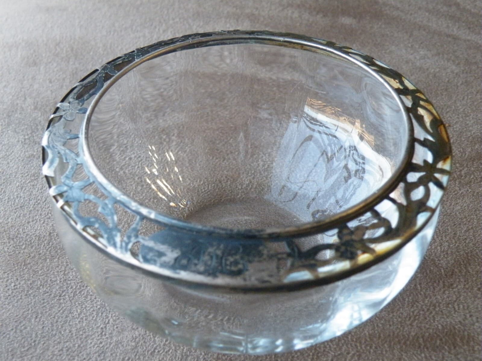 Vintage International ? Silver Sterling Silver Rim Cut Detail Glass Bowl FREESHI