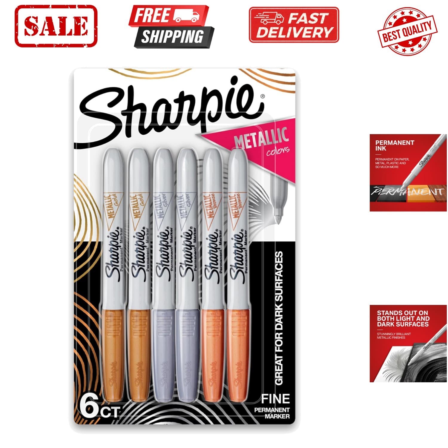 6 Count Fine Point Metallic Permanent Markers - Brilliant Sheen for Crafts