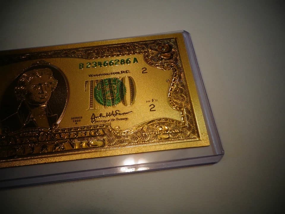 GOLD PLATED 2 DOLLAR USA NOTE-GREEN SEAL-EACH IN RIGID PVC BILL HOLDER,NEW ITEM