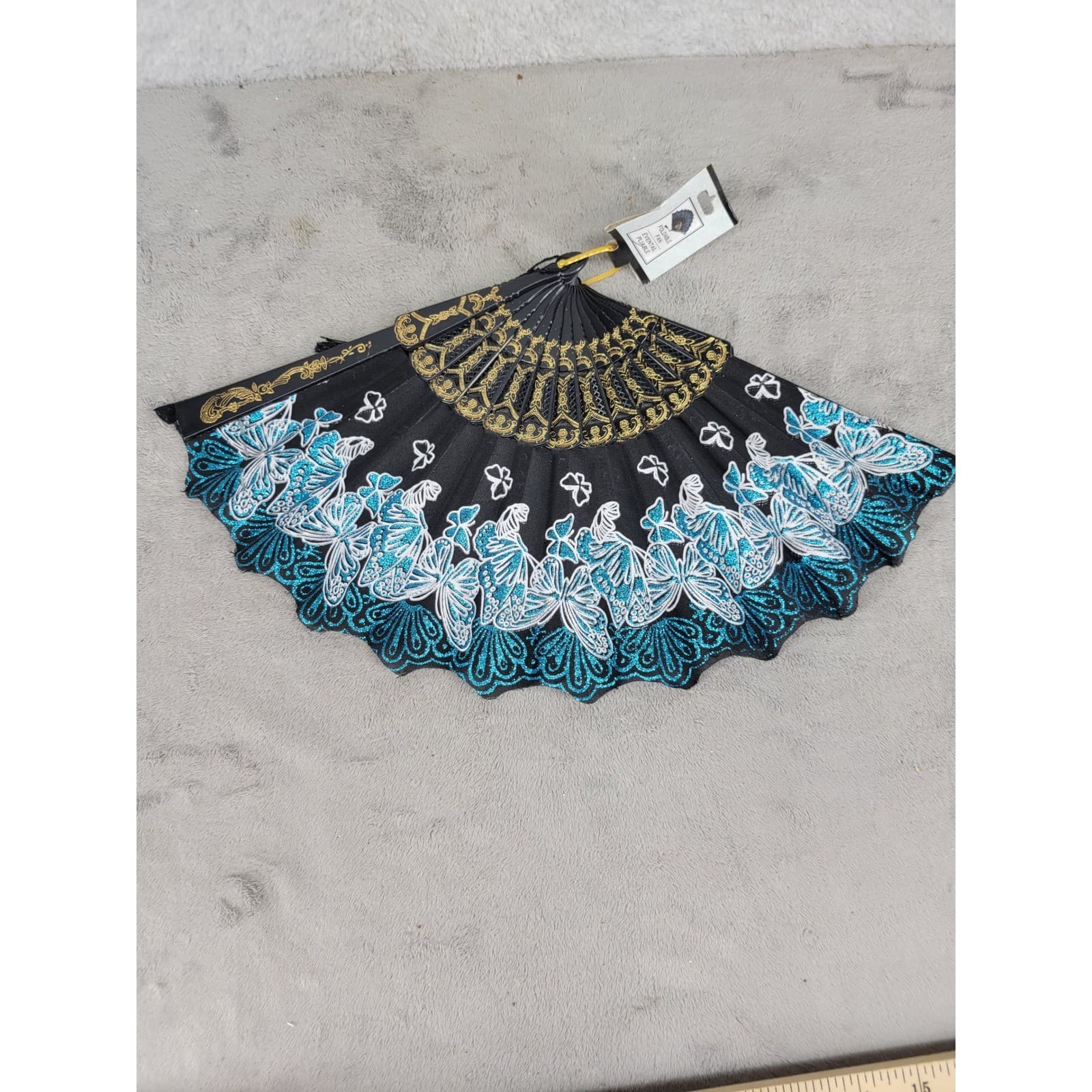 Black Gold Blue Butterfly Folding Hand Fan Dance Decor 15" Wide