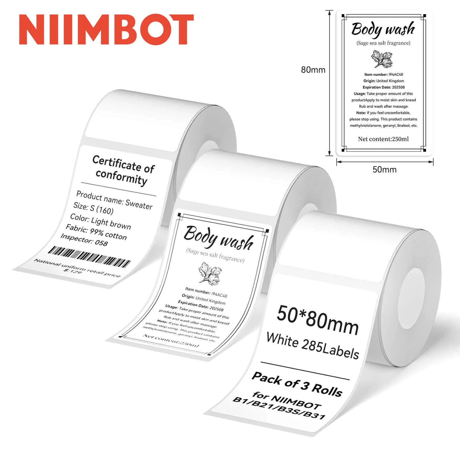 3PK Label Maker Tape 50x80mm, 2" x 3.15" Thermal Stickers for NIIMBOT B1 B21 B3S