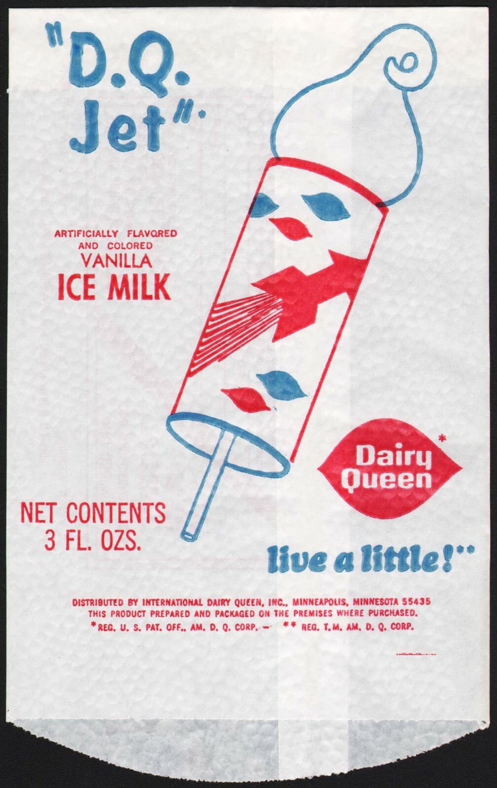 Vintage bag DAIRY QUEEN dated 1968 DQ Jet pictured with camera offer unused nrmt