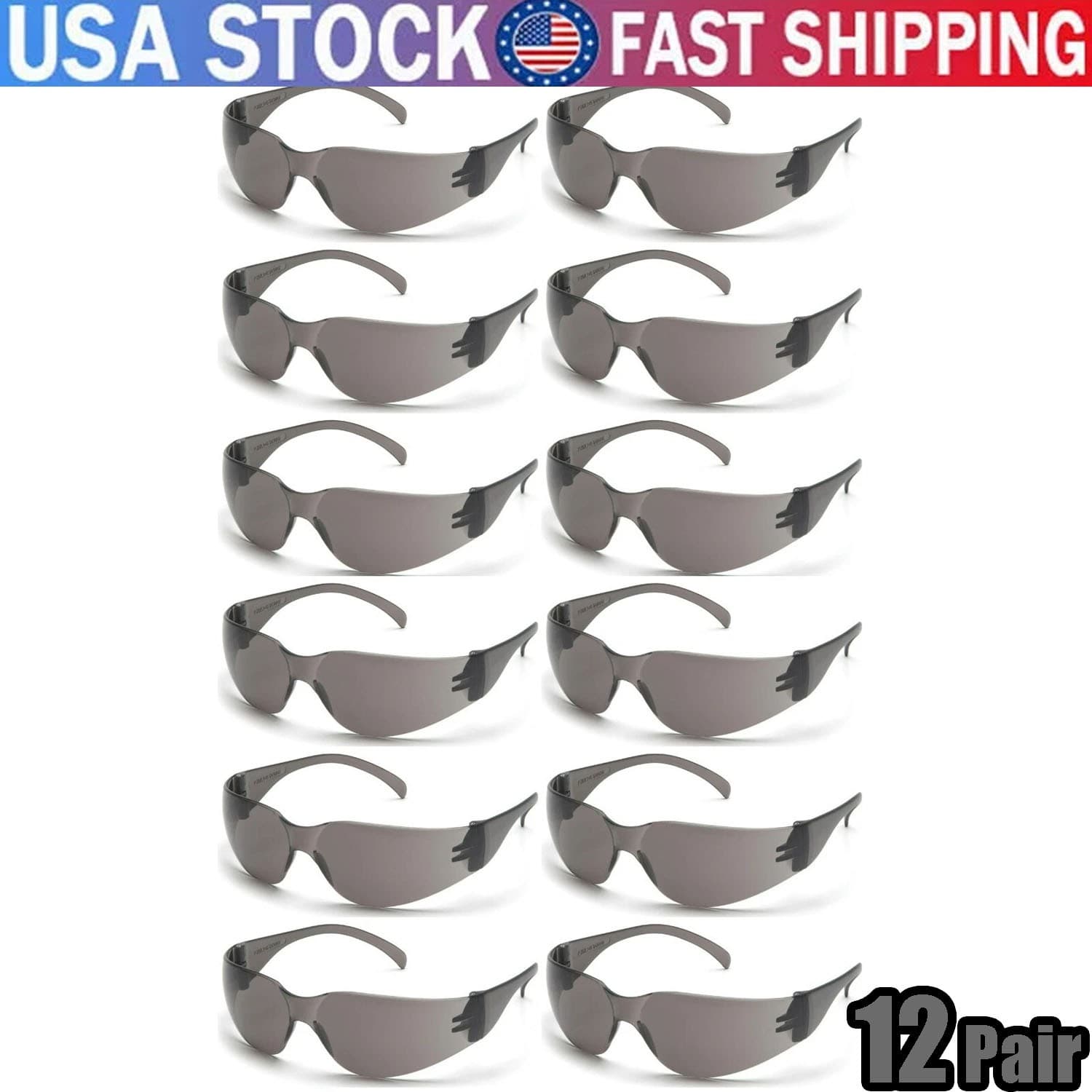 12 PAIR Pack Safety Glasses Protective Black SMOKE Lens Sunglasses Work US STOCK