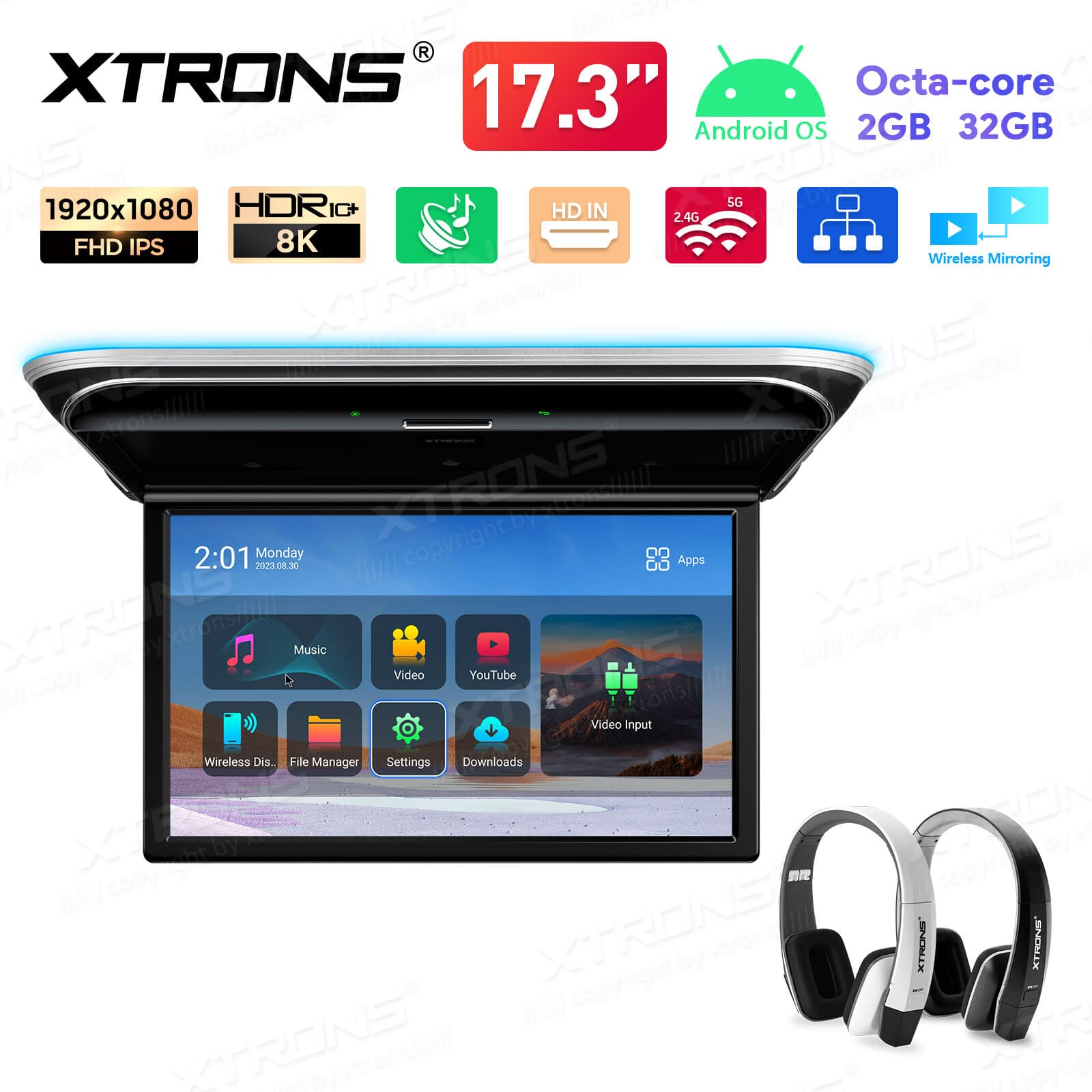 17.3" IPS HD Car TV Android Roof Flip Down Monitor WiFi USB HDM 1080P Headphones