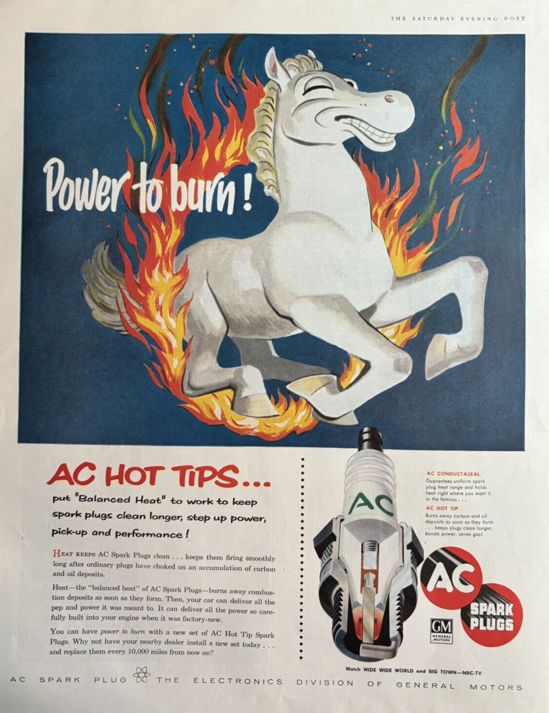 1956 AC Spark Plug Power Burn Horse Hot Tips General Motors Electronics VTg Ad