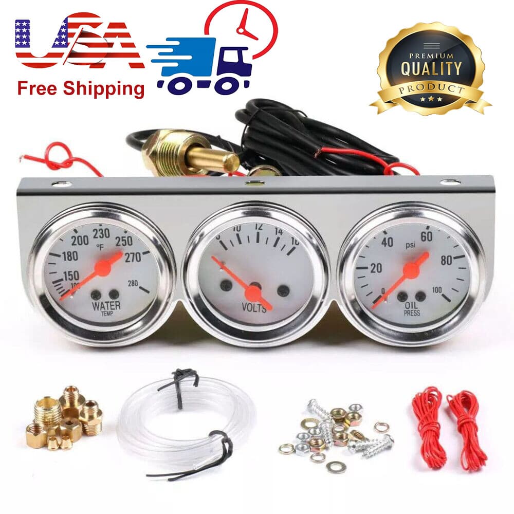 2'' 52mm Oil Pressure Water Temp Volt Meter Triple Gauge Mechanical Chrome Set