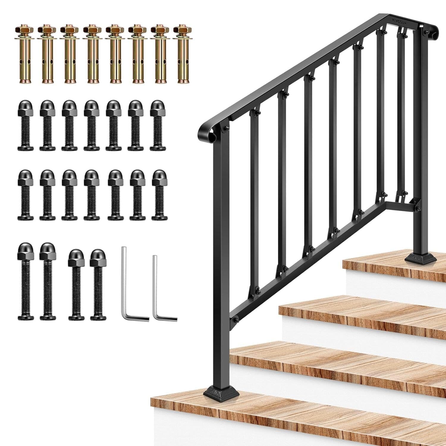 VIVOSUN 2/3/4/5 Steps Wrought Iron Handrail Stair Railing Adjustable Height