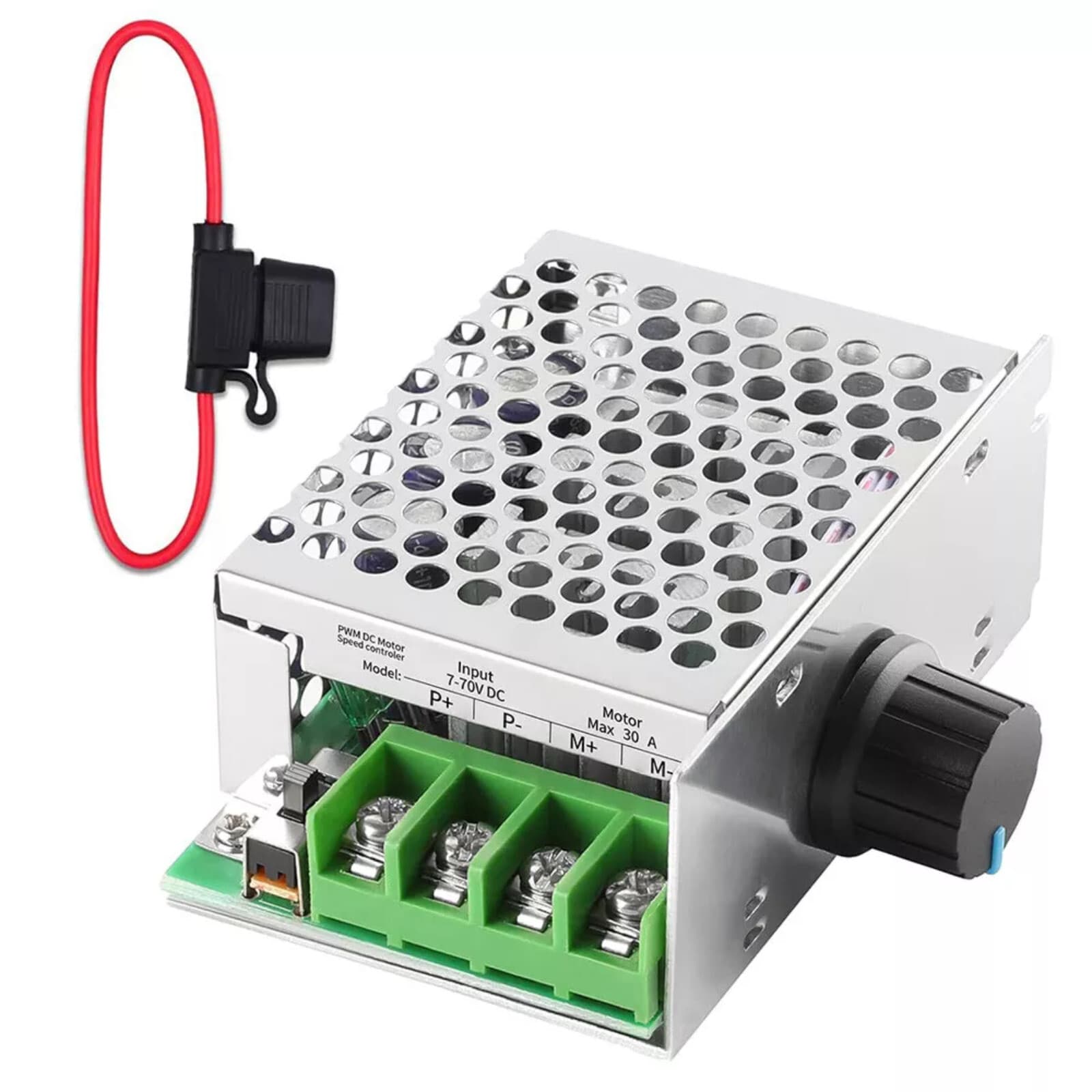 30A 7V-70V PWM DC Motor Speed Controller Switch For Power Wheels Green PCB +Fuse