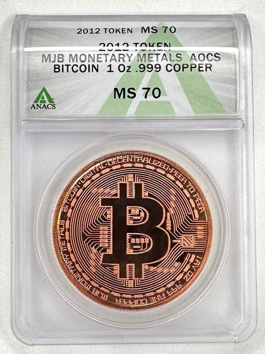 2012 Crypto Physical Bit Coin MJB Monetary Metals Authenticated By ANACS MS-70