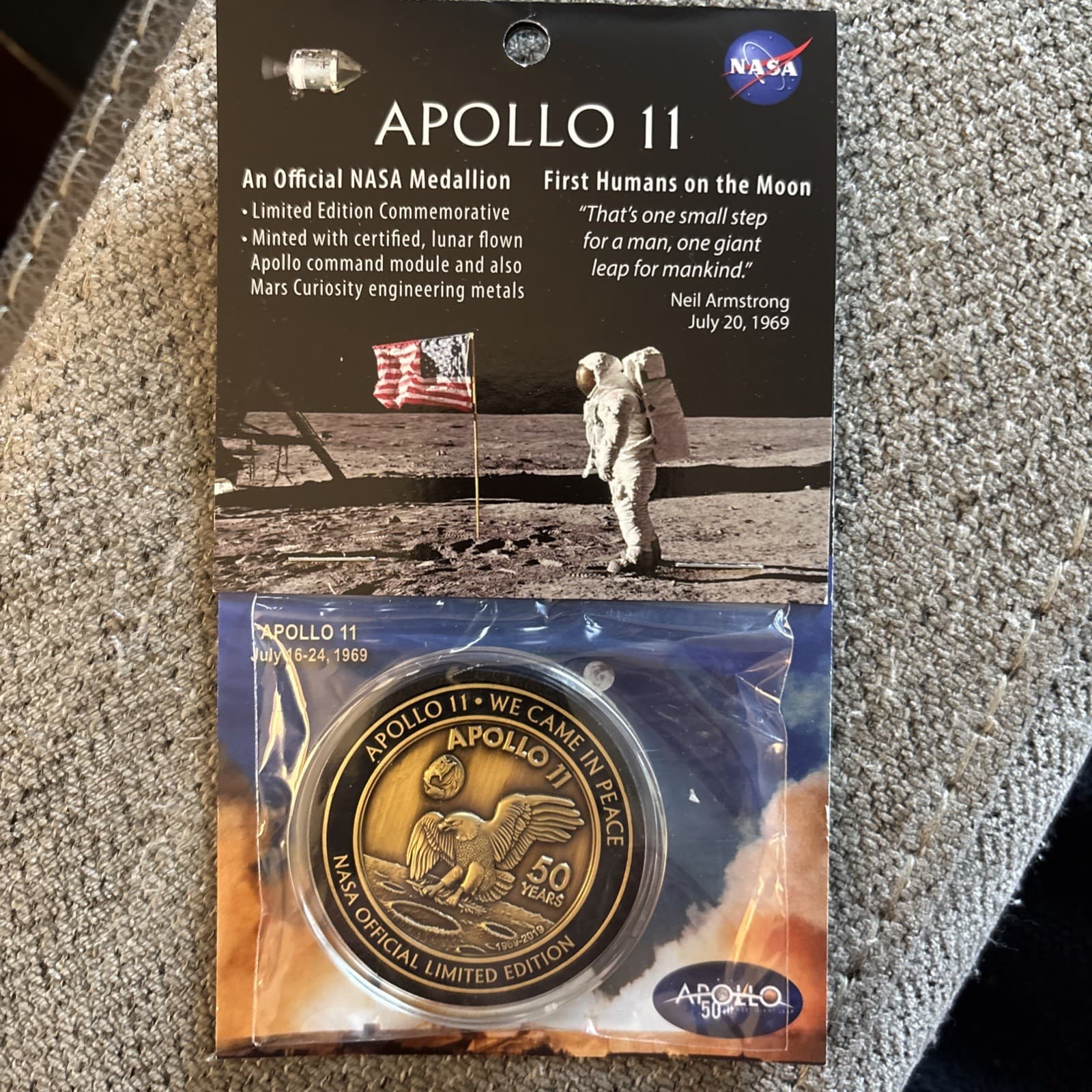 NASA 50th Anniversary Apollo 11 Medallion Containing Flown Command Module Metal