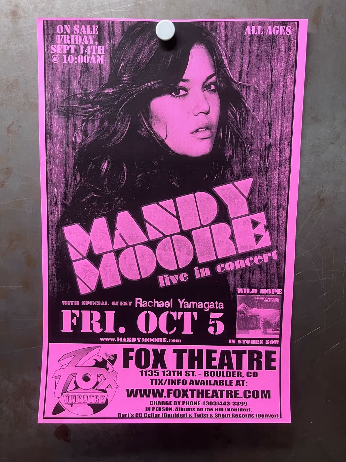 MANDY MOORE w/ RACHAEL YAMAGATA Fox Theatre Boulder 2007 Flyer WILD HOPE
