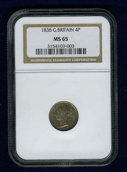 ENGLAND VICTORIA 1838 4 PENCE/GROAT SILVER COIN UNCIRCULATED, NGC CERTIFIED MS65