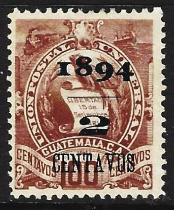 GUATEMALA 1894 SCOTT 52a 2c ON 100c QUETZAL MINT OG