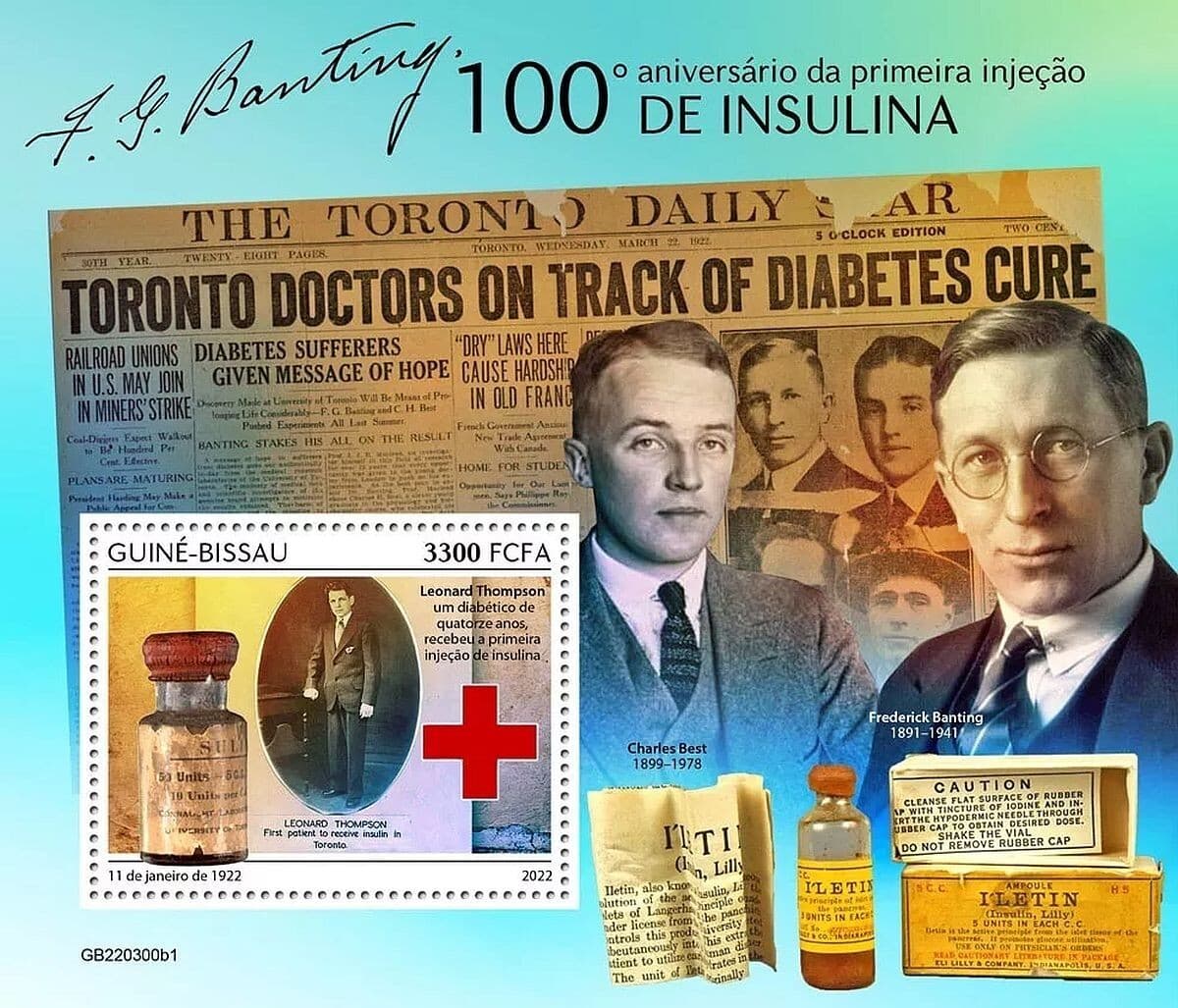 INSULIN Diabetes 1922 Medicine MNH 1v-Stamp Sheet #2 (2022 Guinea-Bissau)