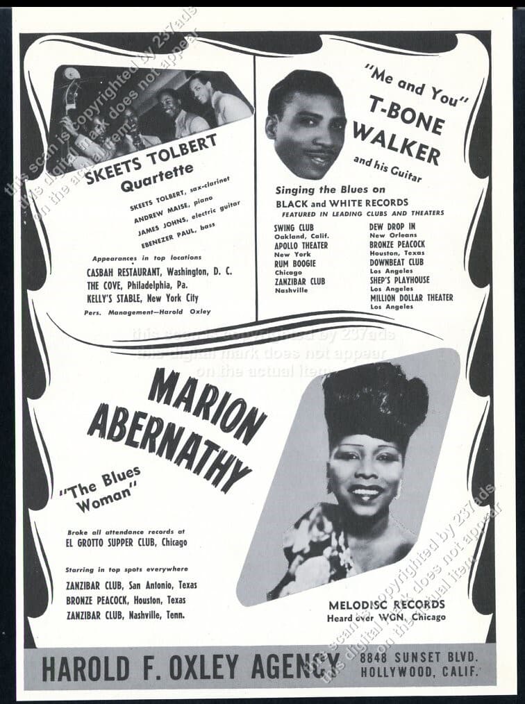 1946 T Bone Walker Marion Abernathy Skeets Tolbert photo gig booking vintage ad