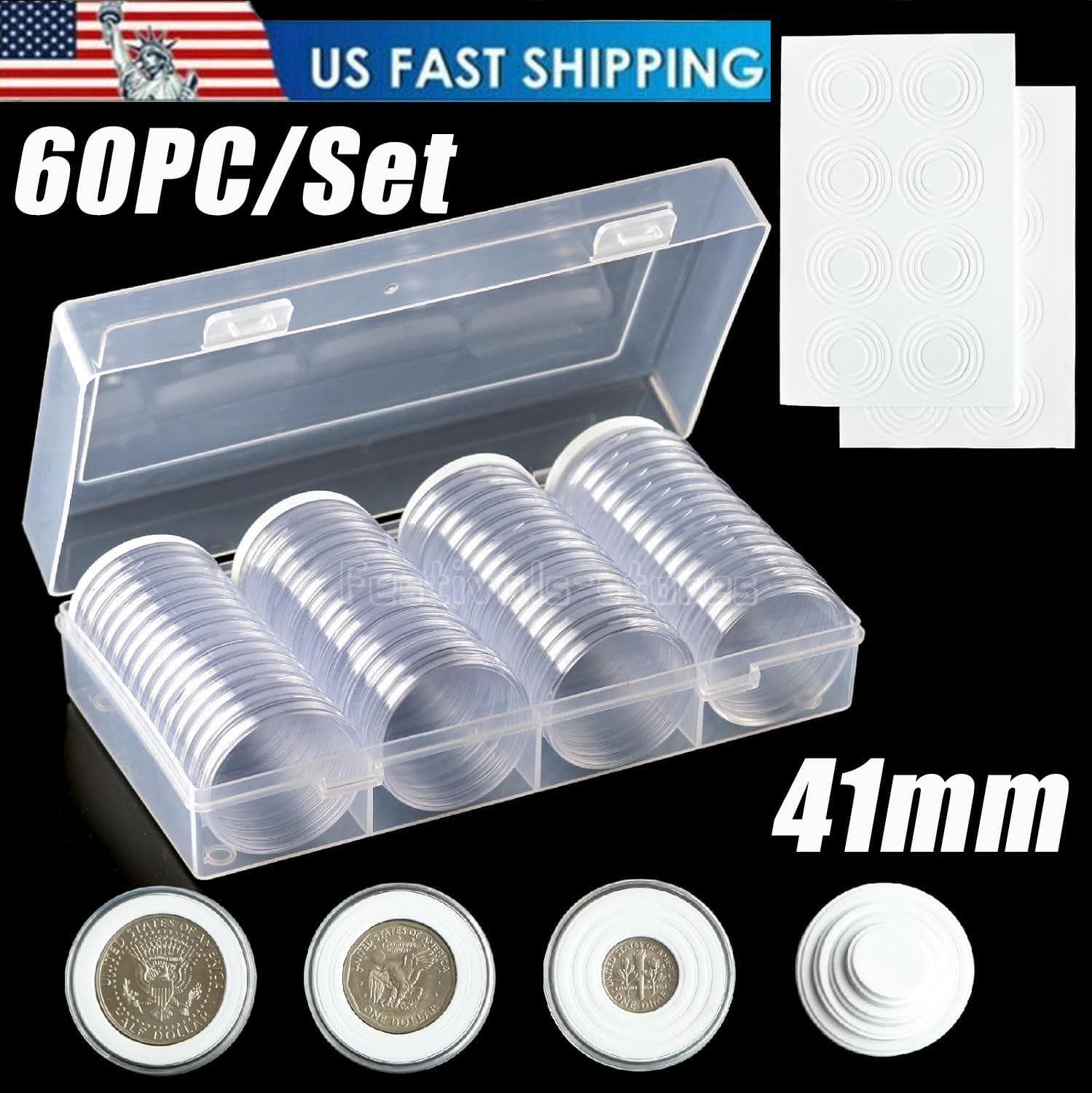 41mm Clear Plastic Coin Capsules, Silver Dollar Coin Holder, 60PCS Coin Box US