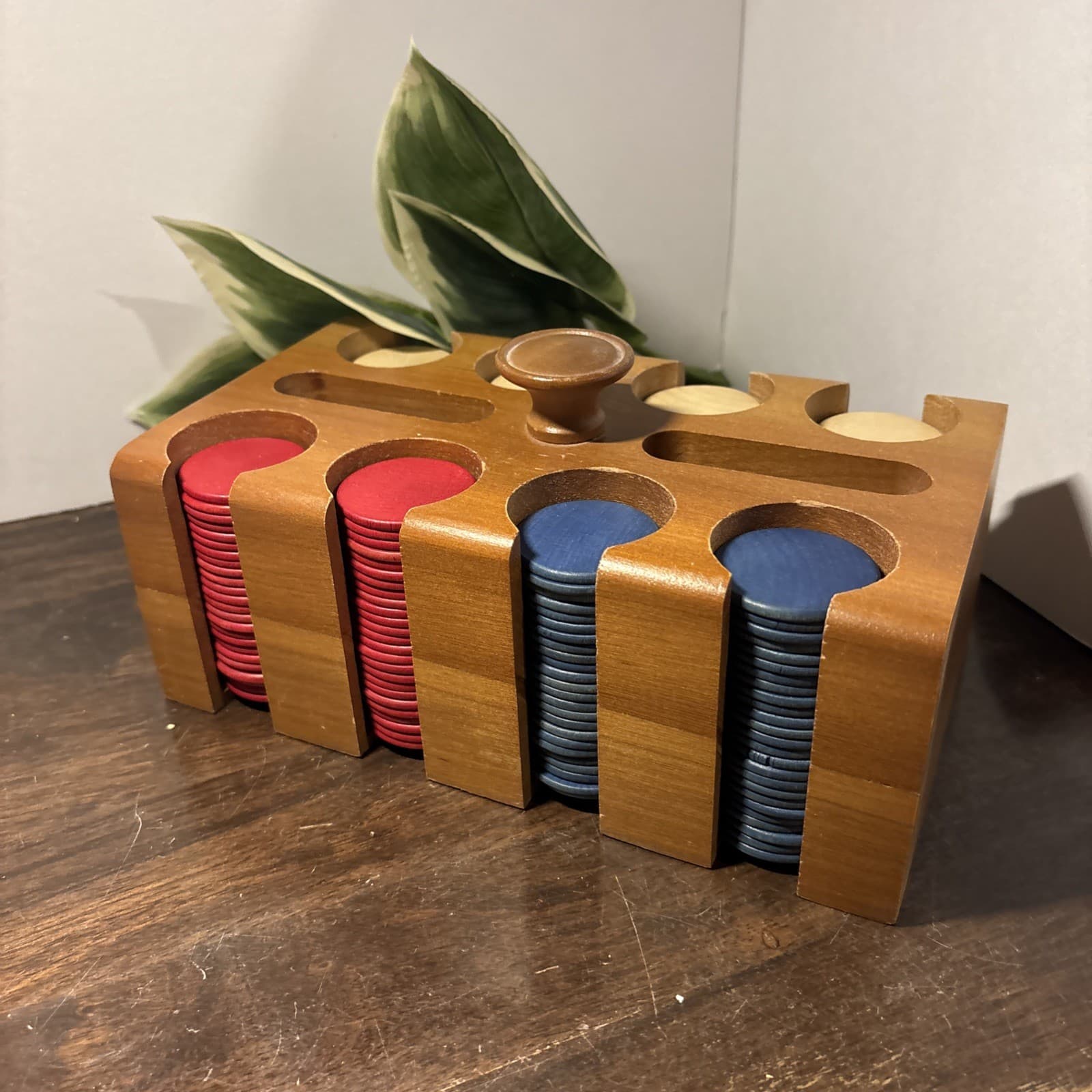 Vintage Wooden Poker Chips And Caddy with top Cover