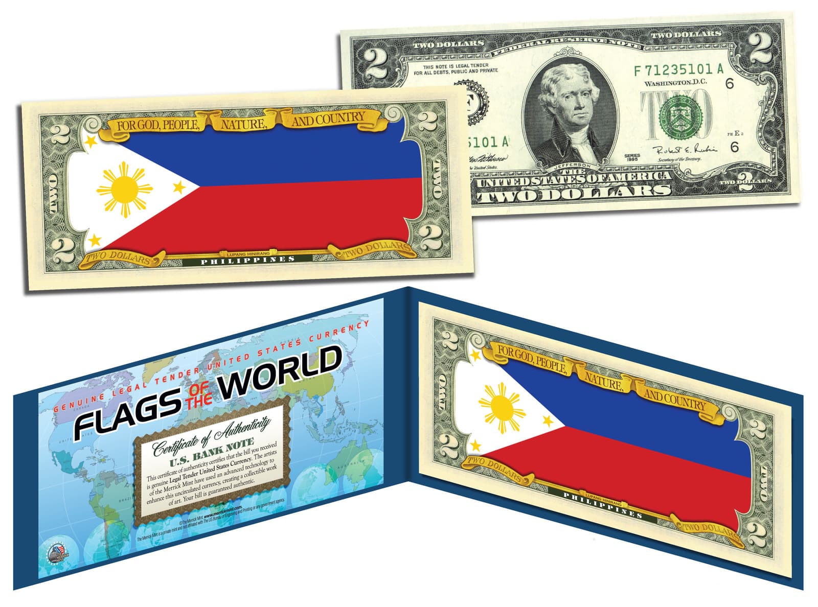 PHILIPPINES - Flags of the World Genuine Legal Tender U.S. $2 Bill Currency