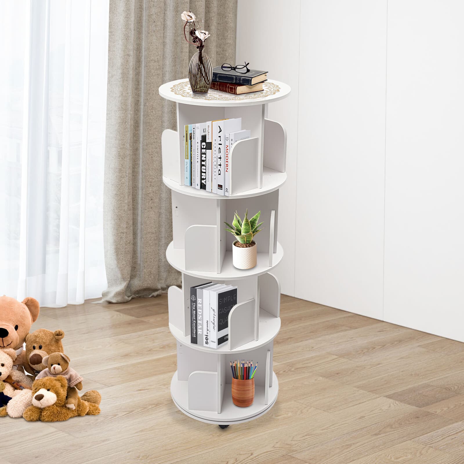 4 Tier White 360° Revolving Bookcase Round Display Book Shelf Rotating Bookshelf