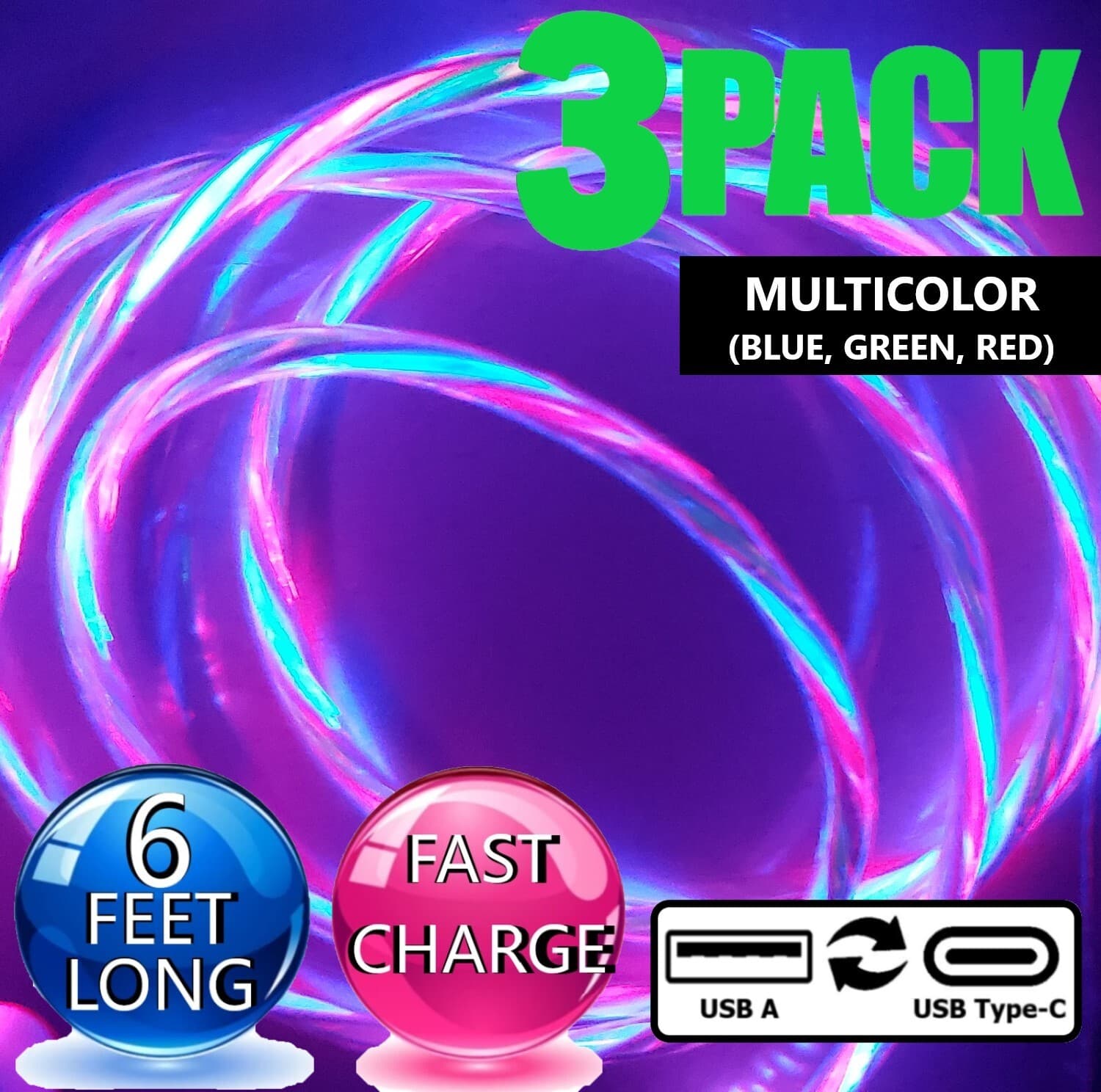 3 Pack LED 6ft C USB Fast Charger Cable 8 Pin USB Cord for iPhone Samsung Galaxy