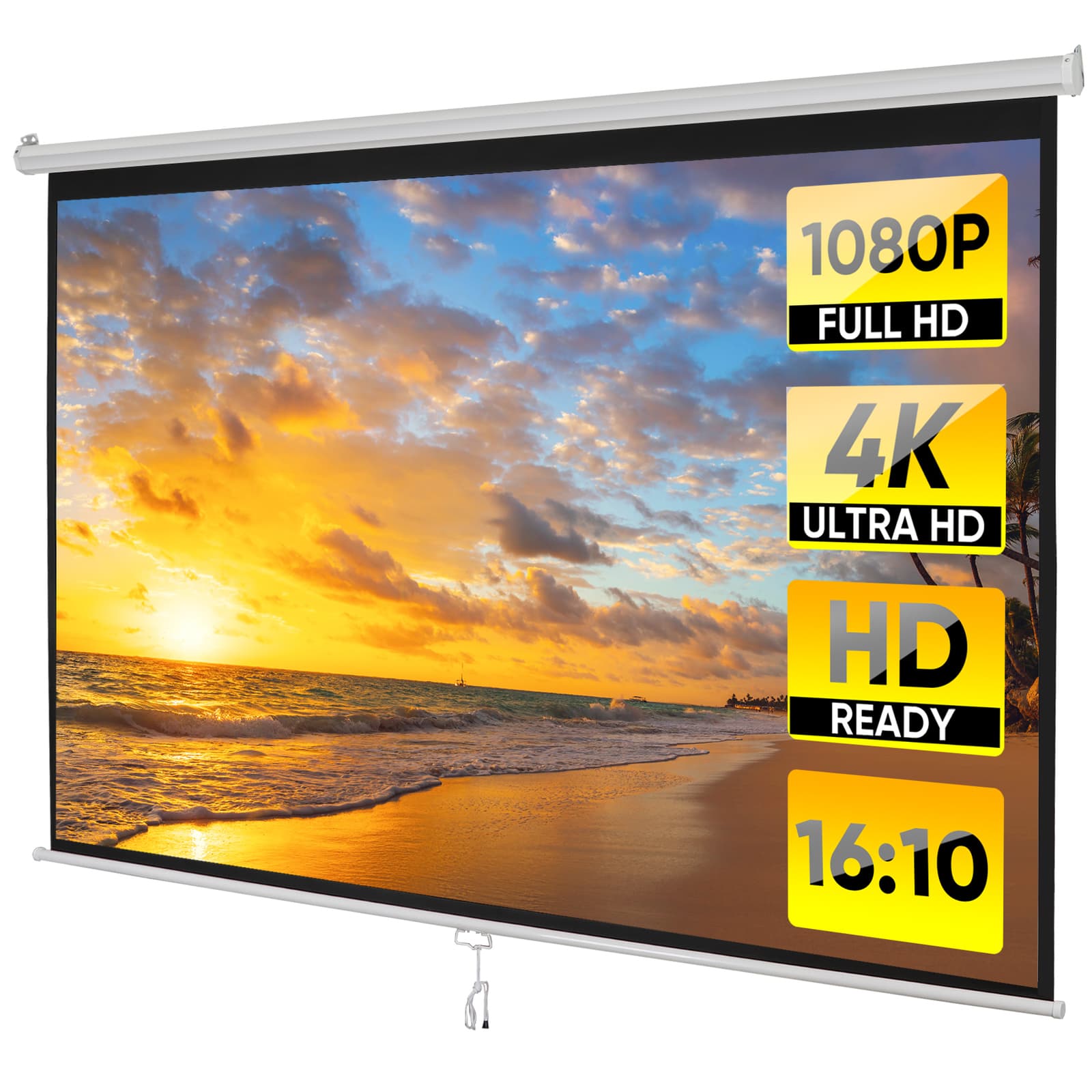 100" Projector Screen Manual Pull Down Projection Screen Theater 16:10 4K HD