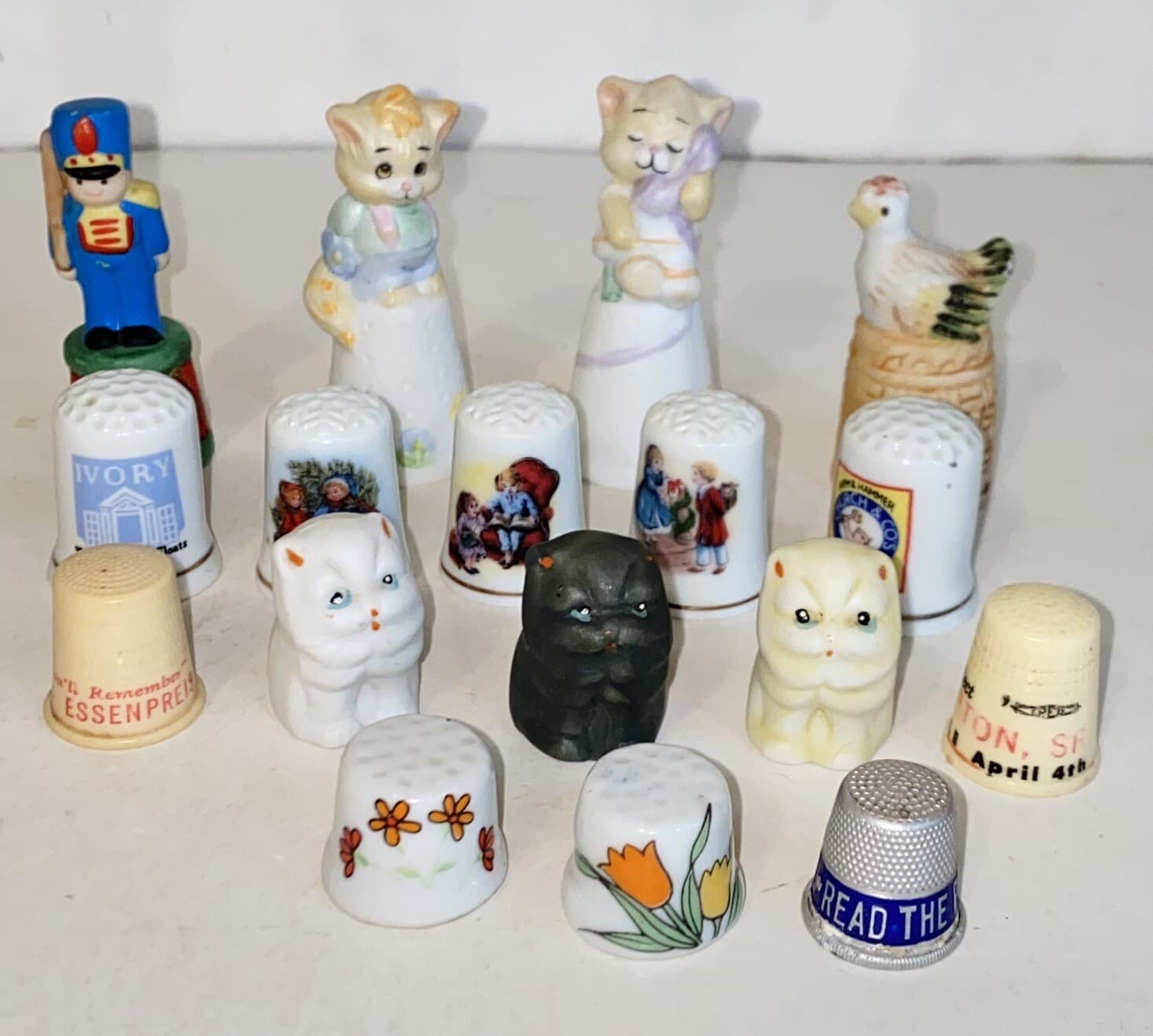 Vintage Mixed Lot of 17 Thimbles Advertising Figural Celluloid Metal Porcelain