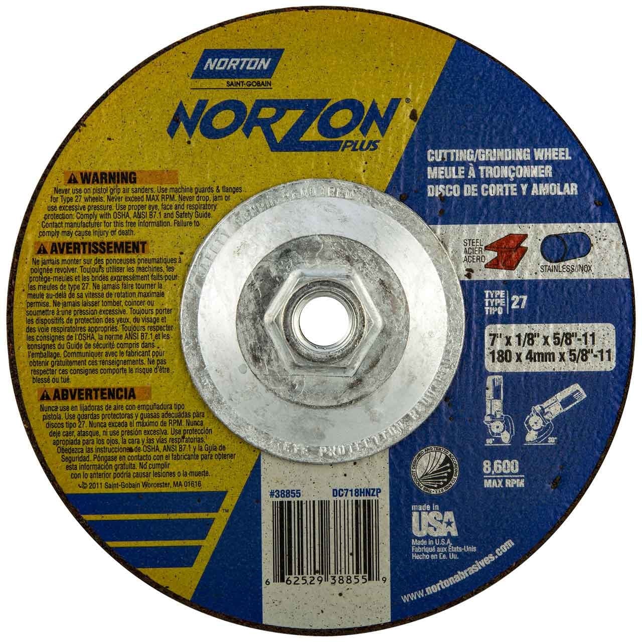 Norton 66252938855 7x1/8x5/8-11" NorZon Plus CA/ZA Grinding Cutting Wheel 10 pk