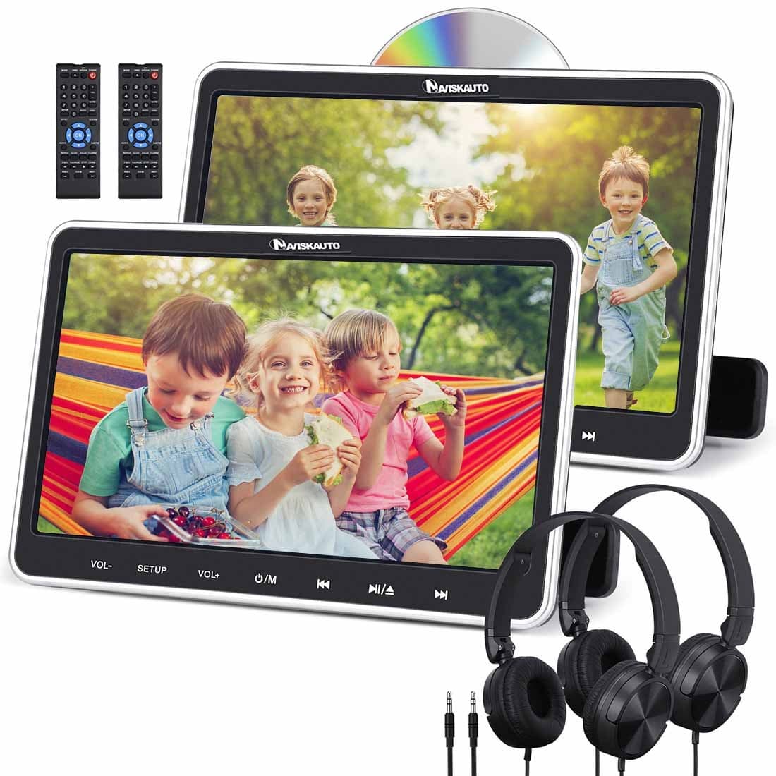 2X10.1” Dual Screen Car Headrest Monitor TV DVD Player for Kids USB SD Headsets
