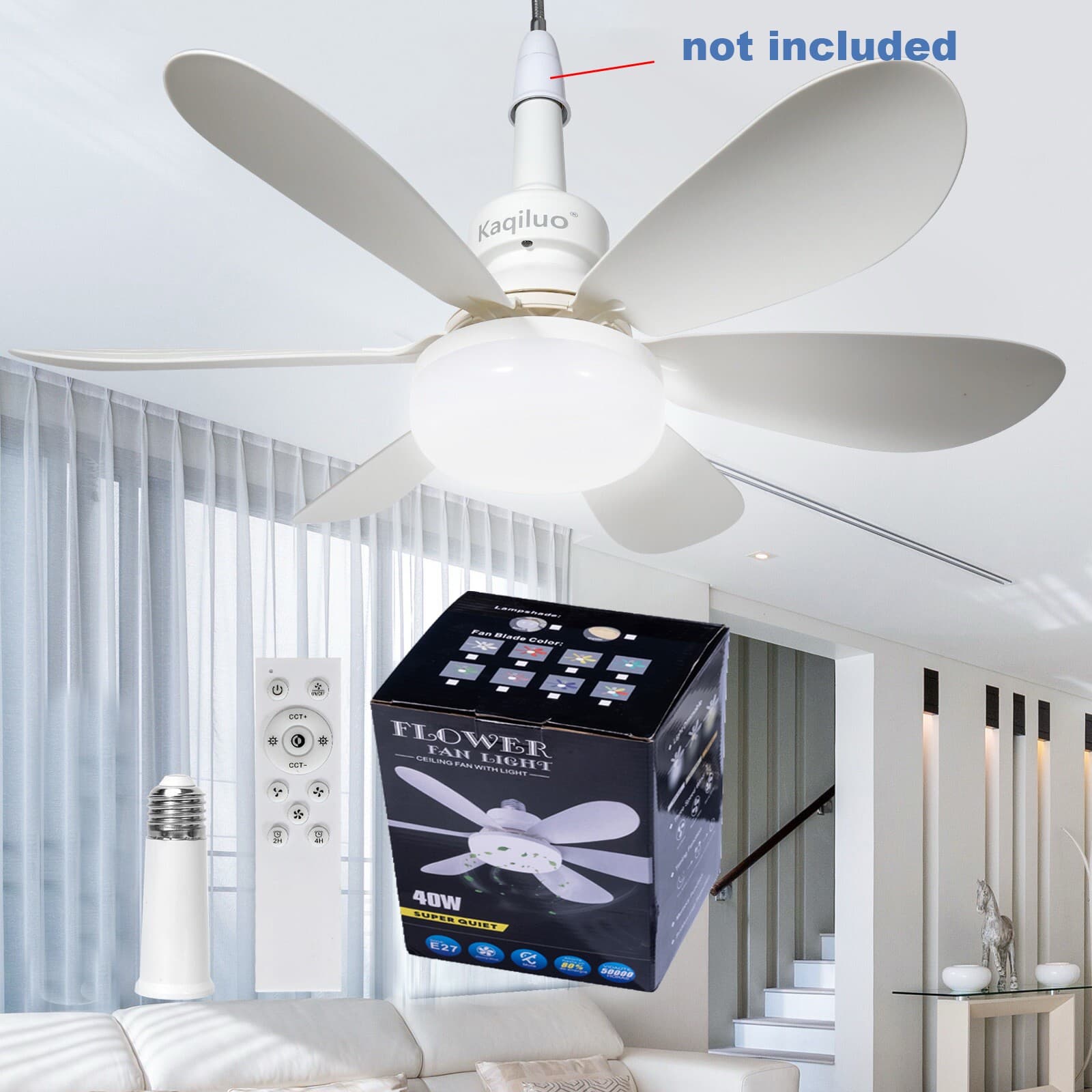 US Socket Fan Light with Remote,20.5’’Screw in Ceiling Fan Light Bulb Fan(White)