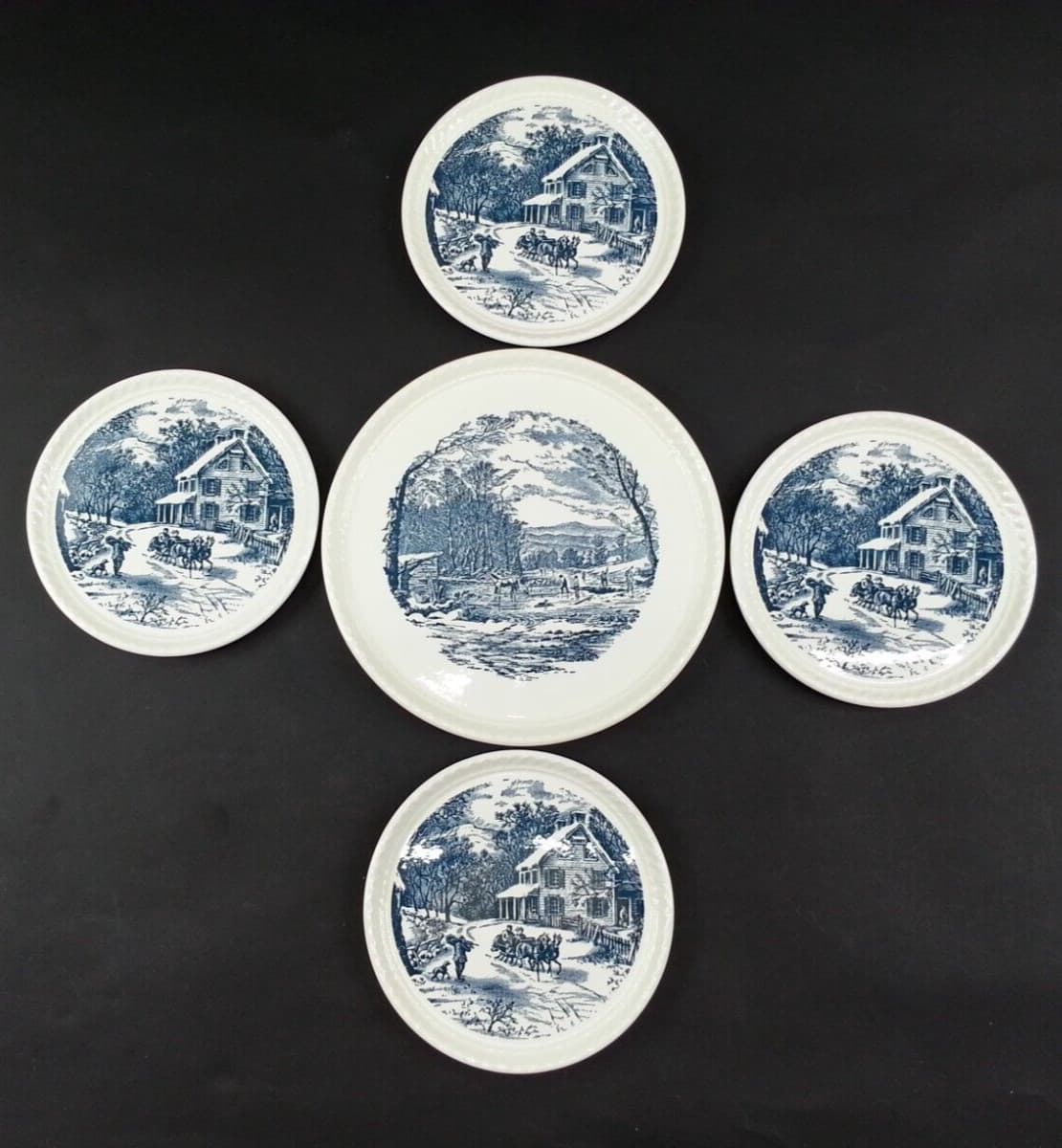 5 Piece Royal China Cake Serving Platter Plate Winter Scene