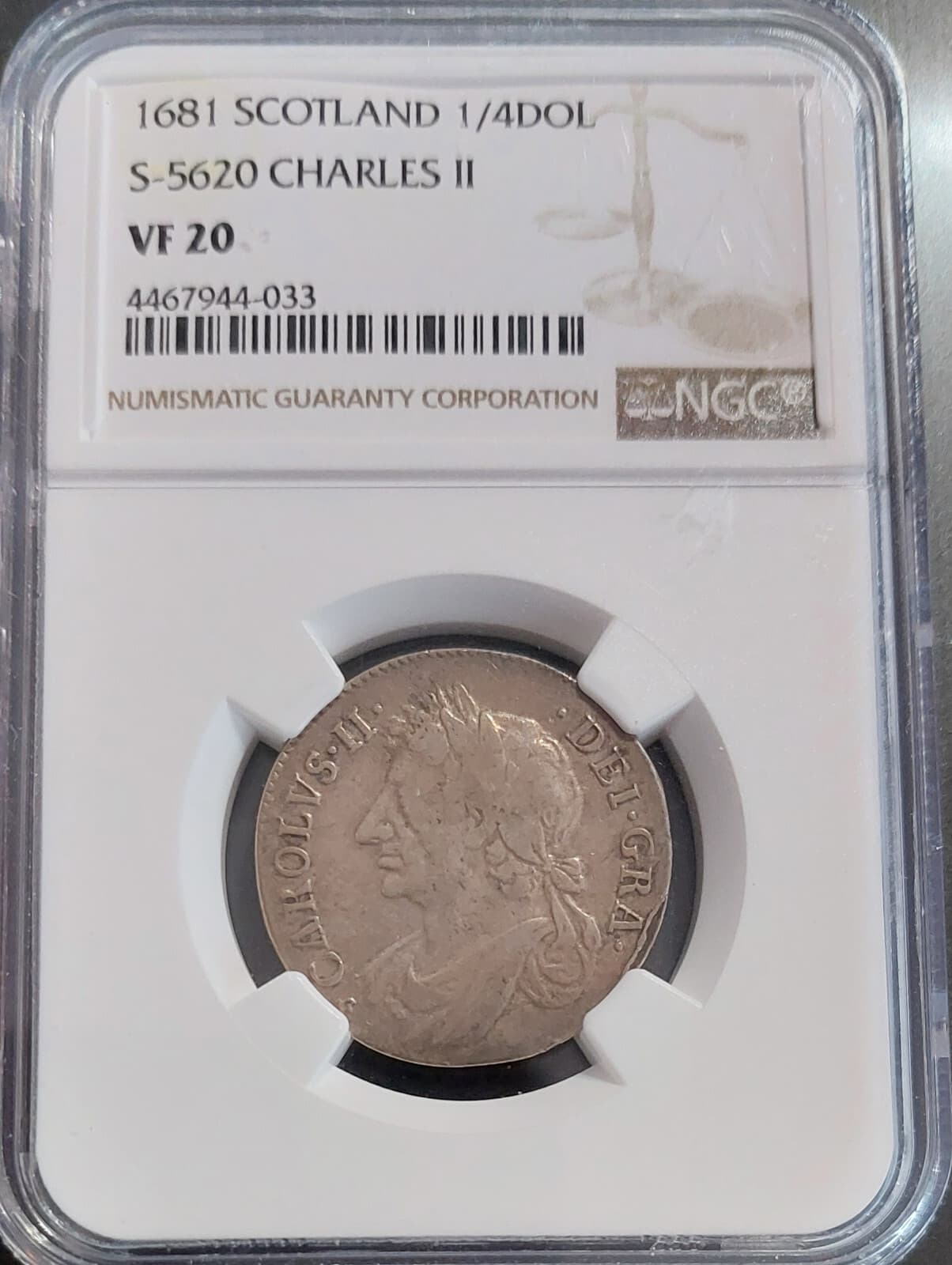SCOTLAND 1681 Charles II 1/4 Dollar SCARCE Certified Graded NGC VF20 POP ONLY 1