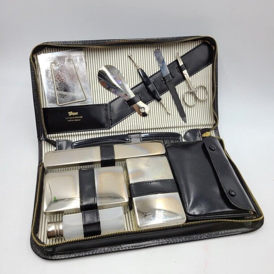 Vintage 60s Noymer Black Travel Vanity Grooming Case Mens Leather Cowhide New