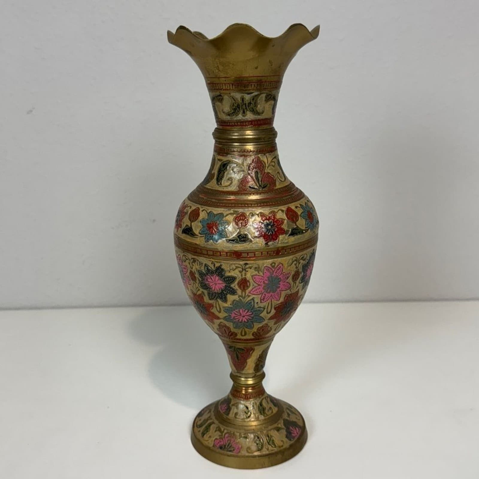 Vintage Enameled Fluted Brass Vase India 12 inch