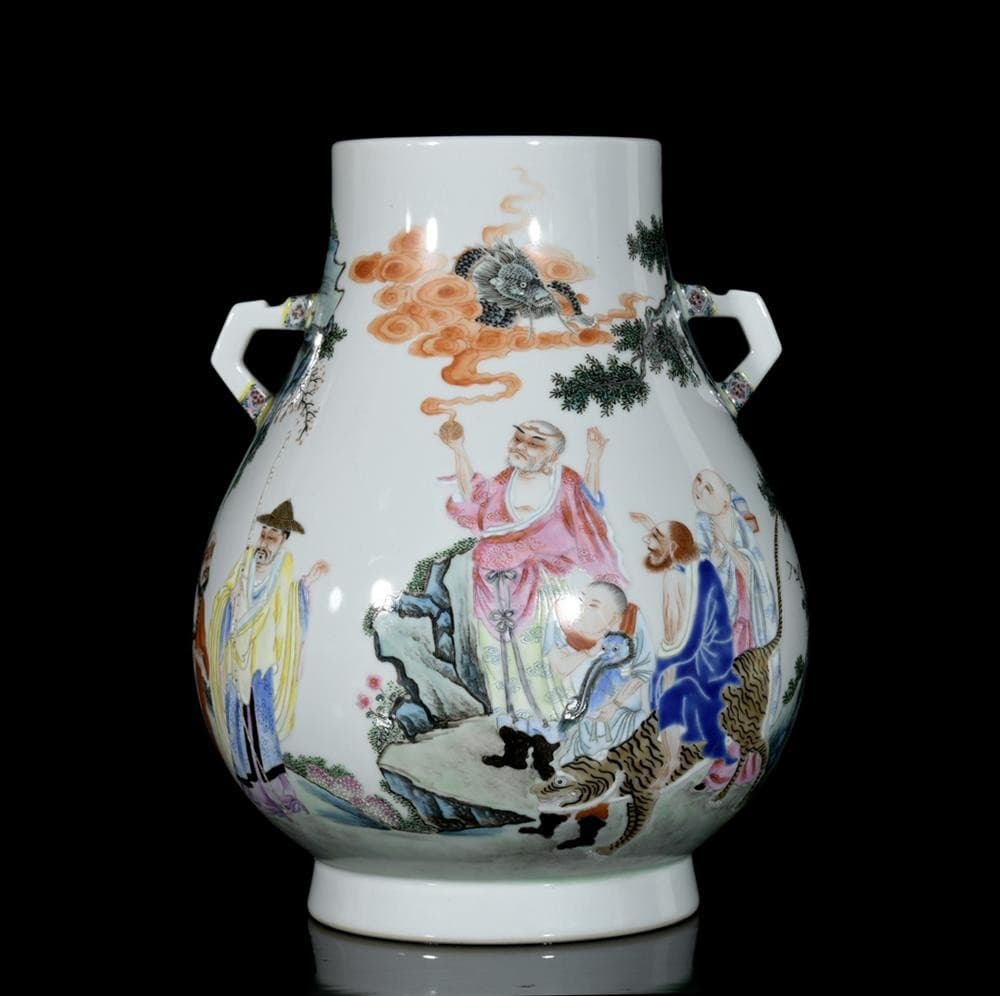 29CM Yongzheng Signed Old Chinese Colour Enamel Zun Vase W/luohan Buddha U1361