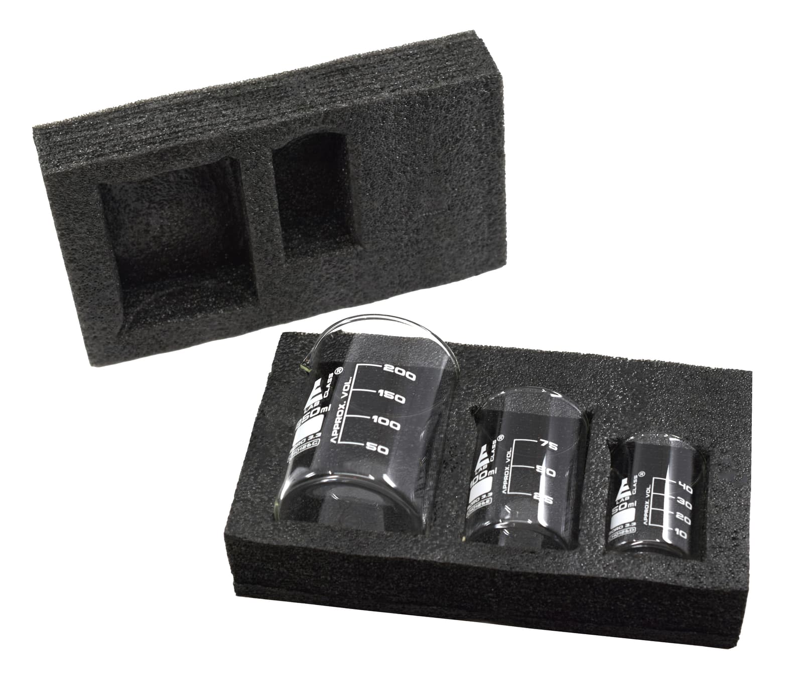 Glass Beaker Set, 50/100/250mL - Low Form - Packed in Foam Insert - Eisco Labs