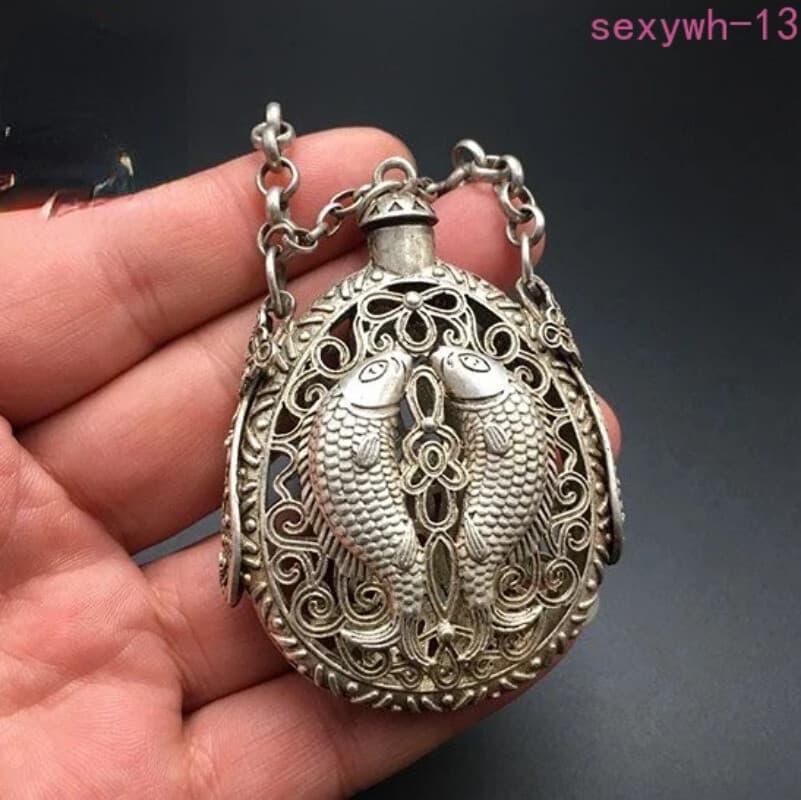 Old Tibetan Silver Hand Carved Hollow Out Fish Statue Snuff Bottle Pendant