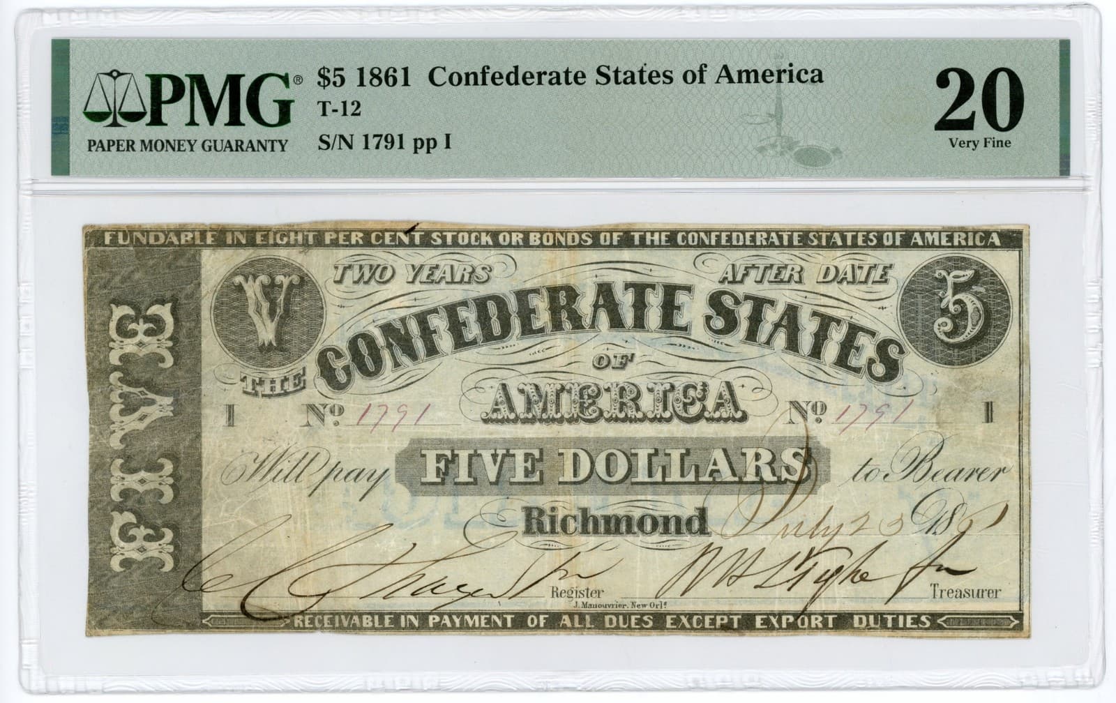 1861 T-12 $5 The Confederate States of America Note - CIVIL WAR Era PMG VF 20