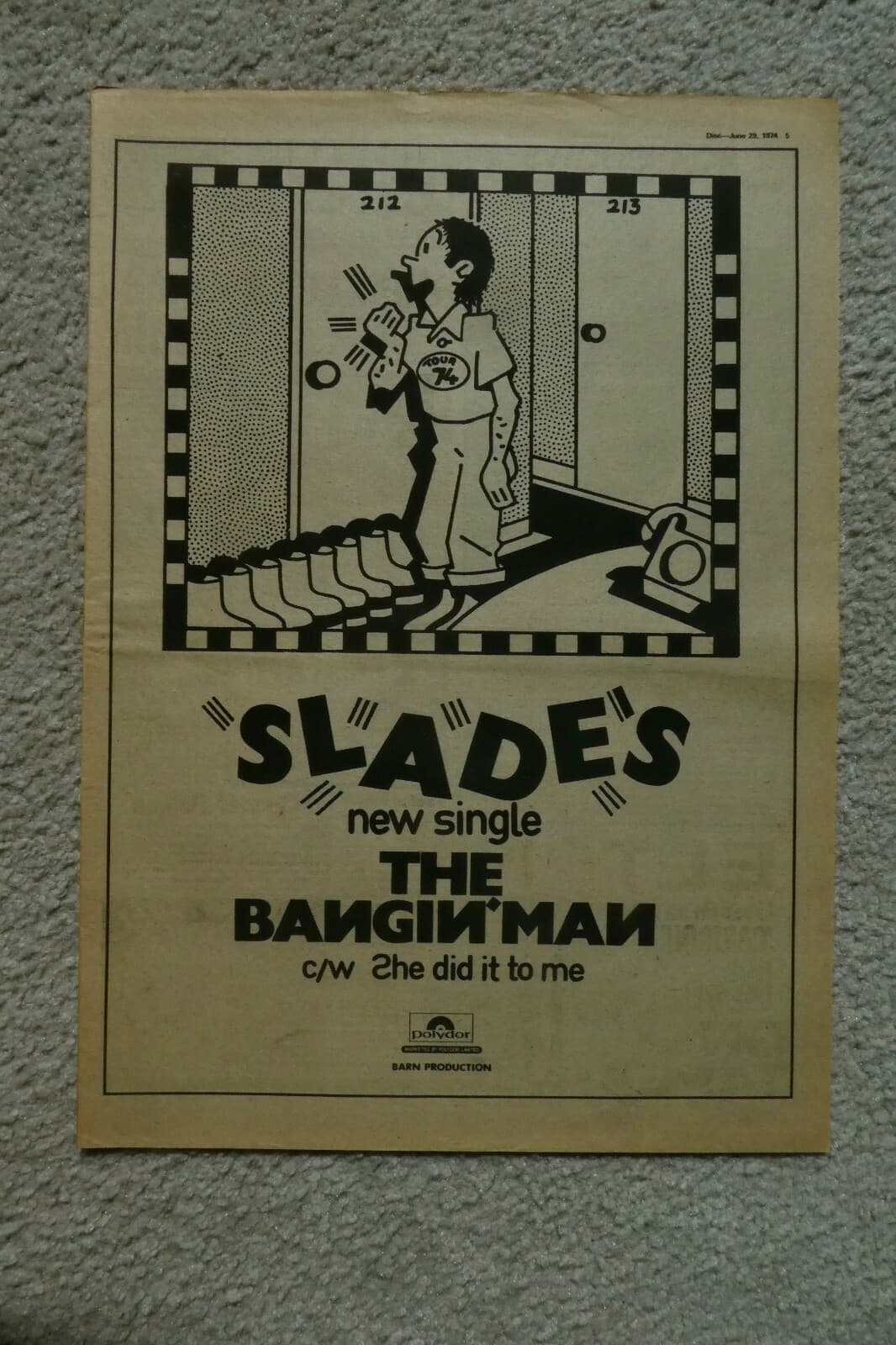 SLADE"Bangin'Man"1974 UK Music Mag.PROMO Poster Ad-Rare Mint Beauty Seldom Seen