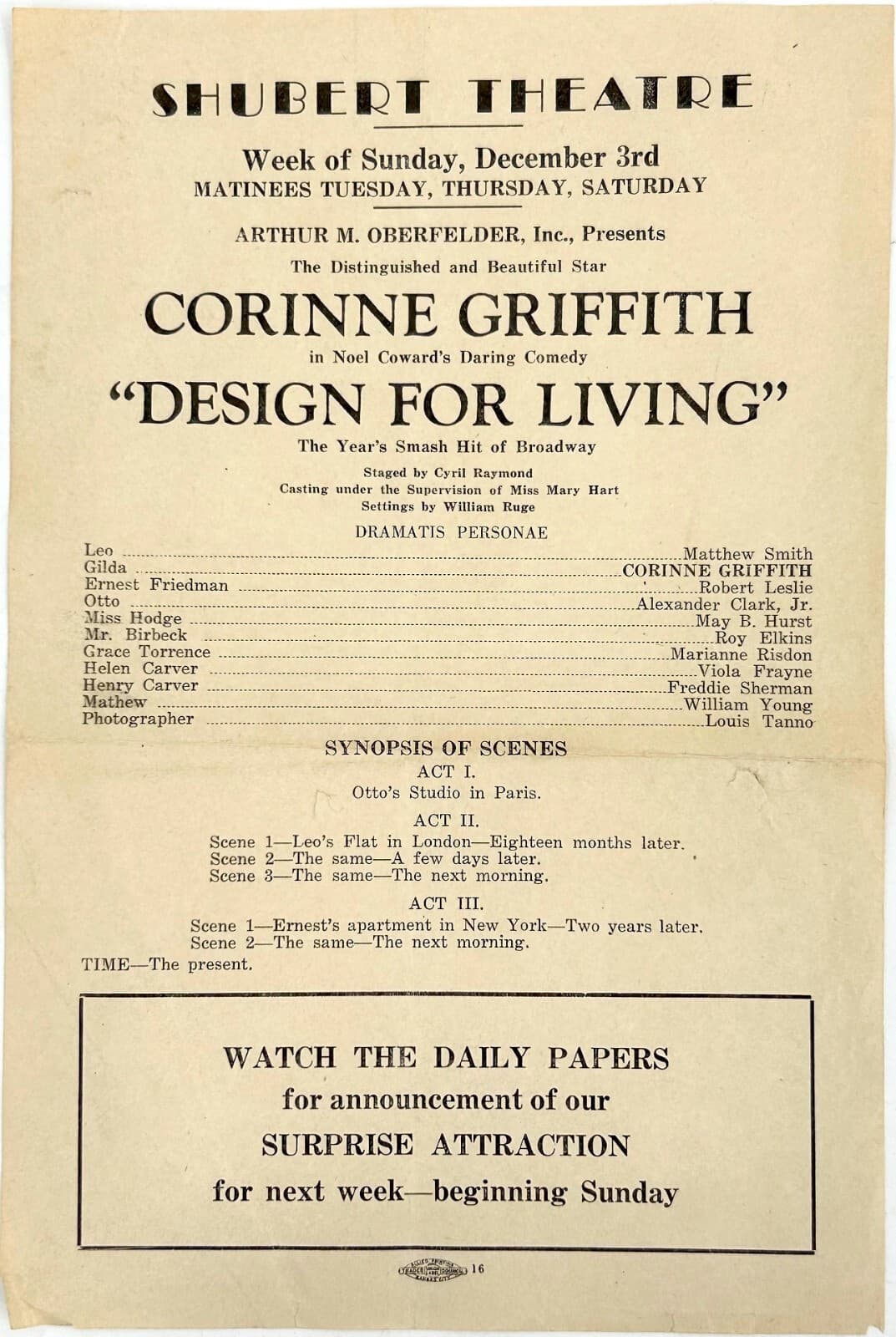 Vintage Original 1930's SHUBERT THEATRE Playbill/Synopsis - Kansas City, MO