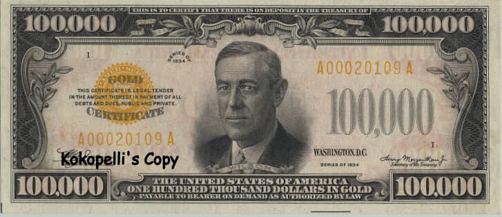 1934* $100,000 GOLD CERTIFICATE* Copy * Must Read !