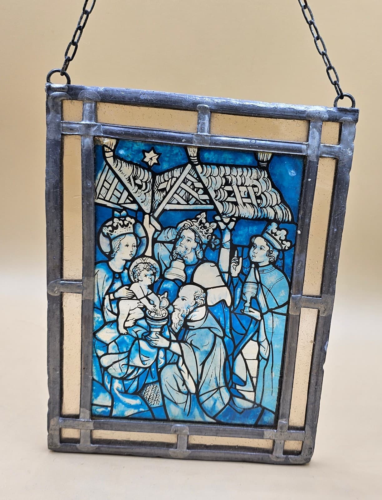 Small Stained Glass Image of the Magi greeting the Christ Child, Blue and Silver
