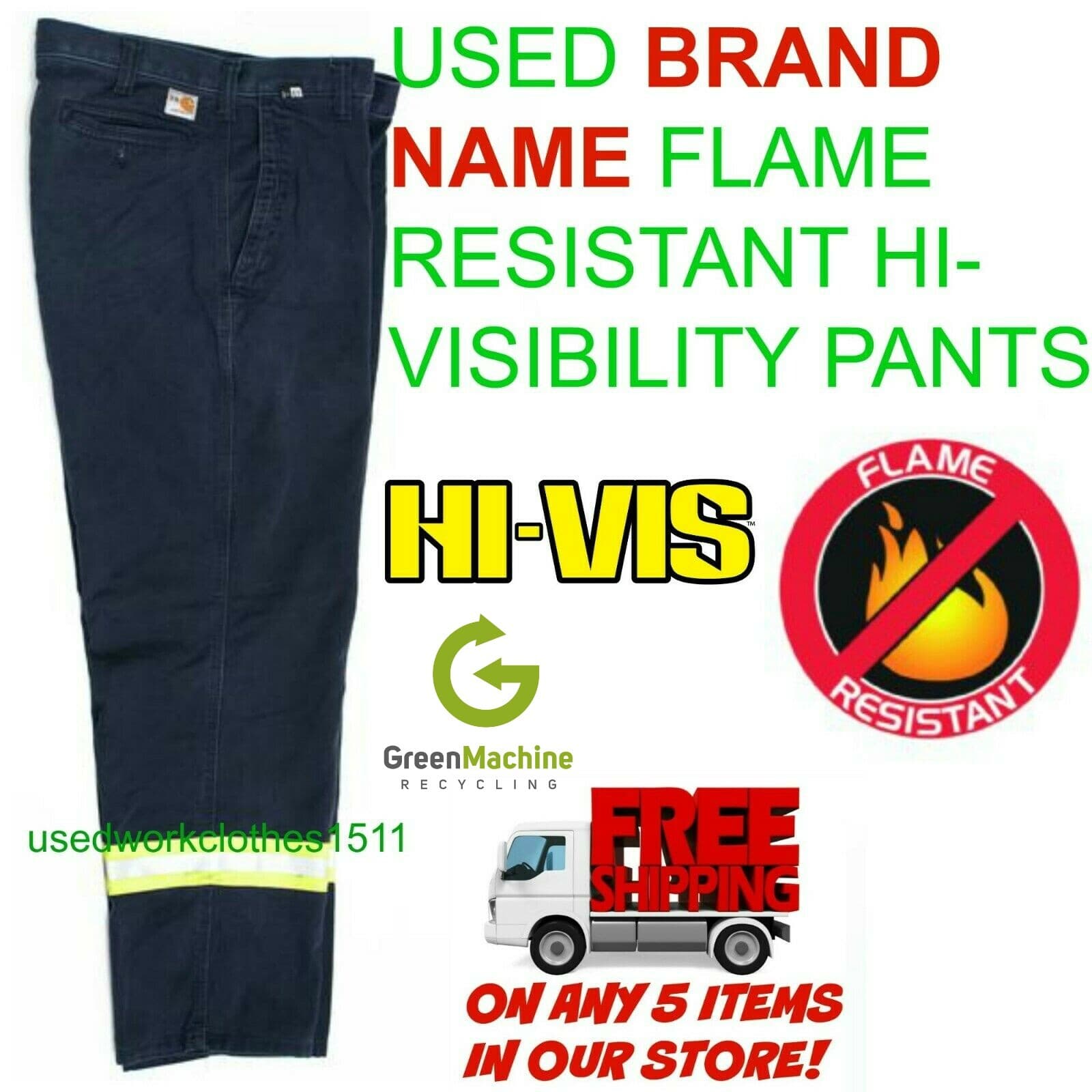 Flame Resistant Hi-Visibility Used Pants Cintas Redkap Unifirst G&K etc