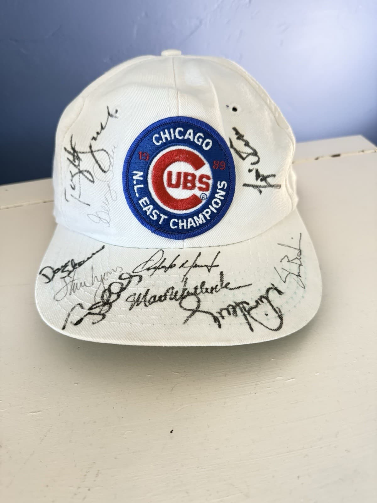 Vintage White Chicago Cubs 10 Players Autographed Cap 1989 N.L. East Champions
