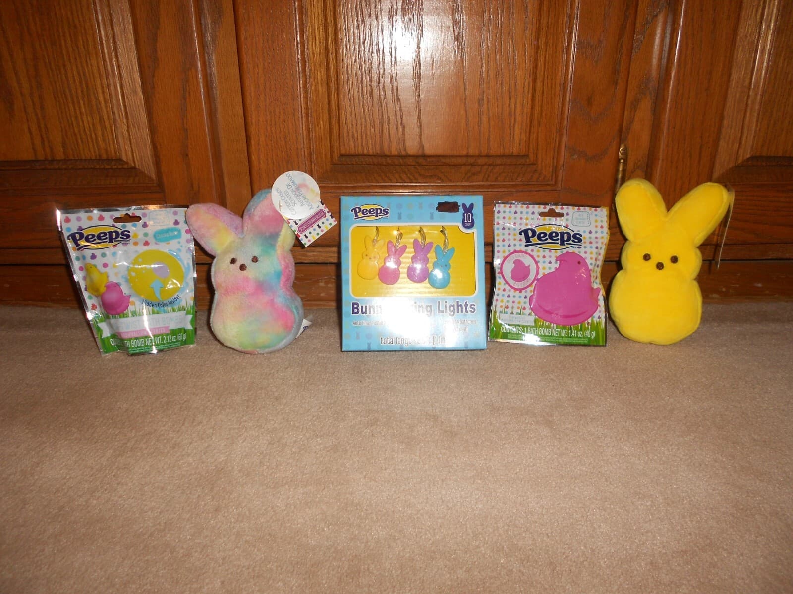 NEW, LOT OF 5 PEEPS EASTER BASKET GOODIES, PLUSH BUNNY, STRING LIGHTS, BATH BOMB