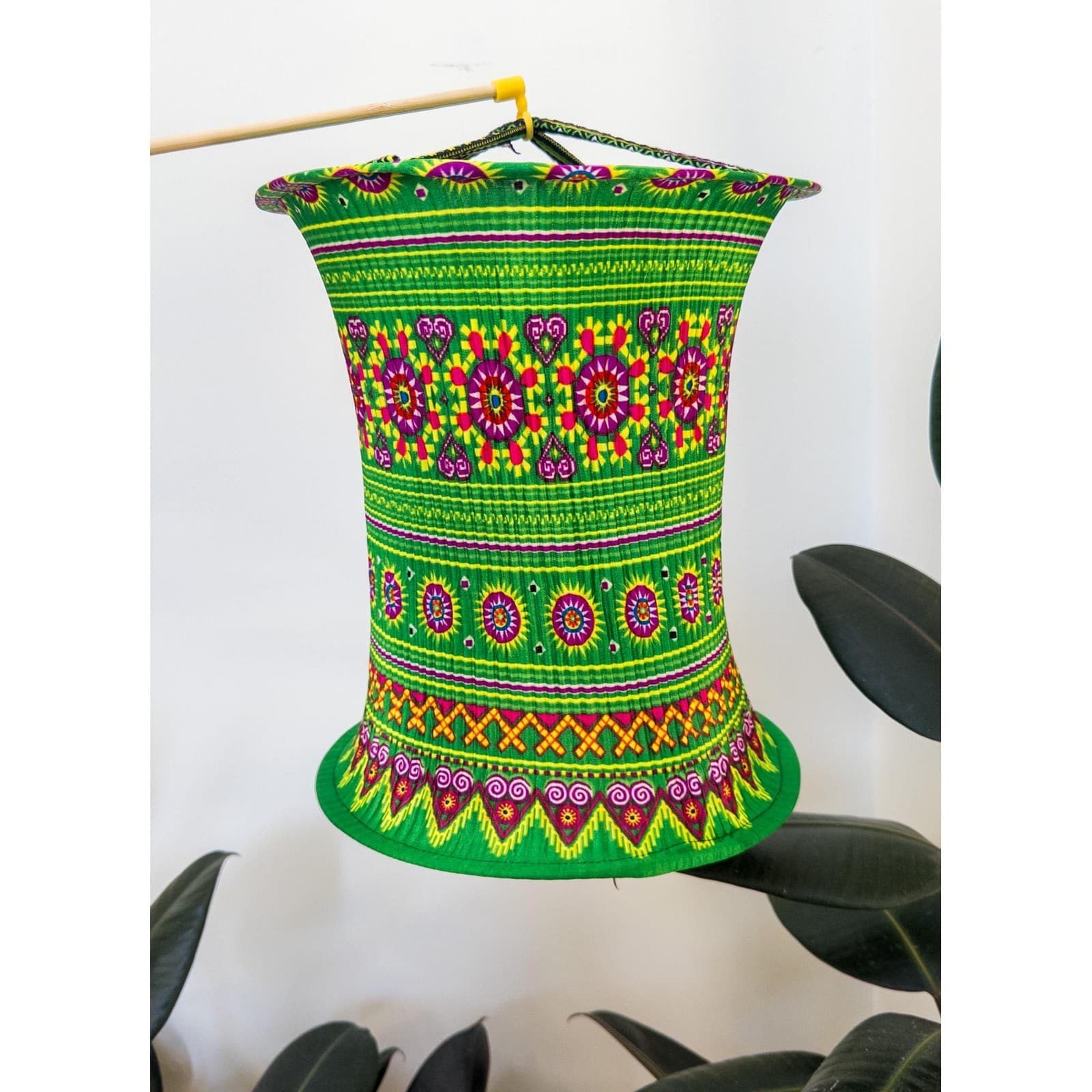 Handmade Hmong Fabric Lantern: Green Boho Hanging Light, Vietnamese Home Decor