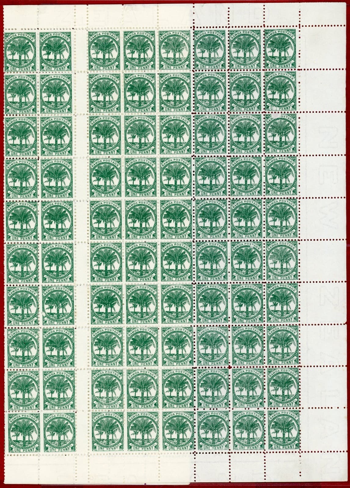 Samoa #11g, 1p Deep Green, Sheet of 60+60, Mint, Partial Gum, SCV $240.00