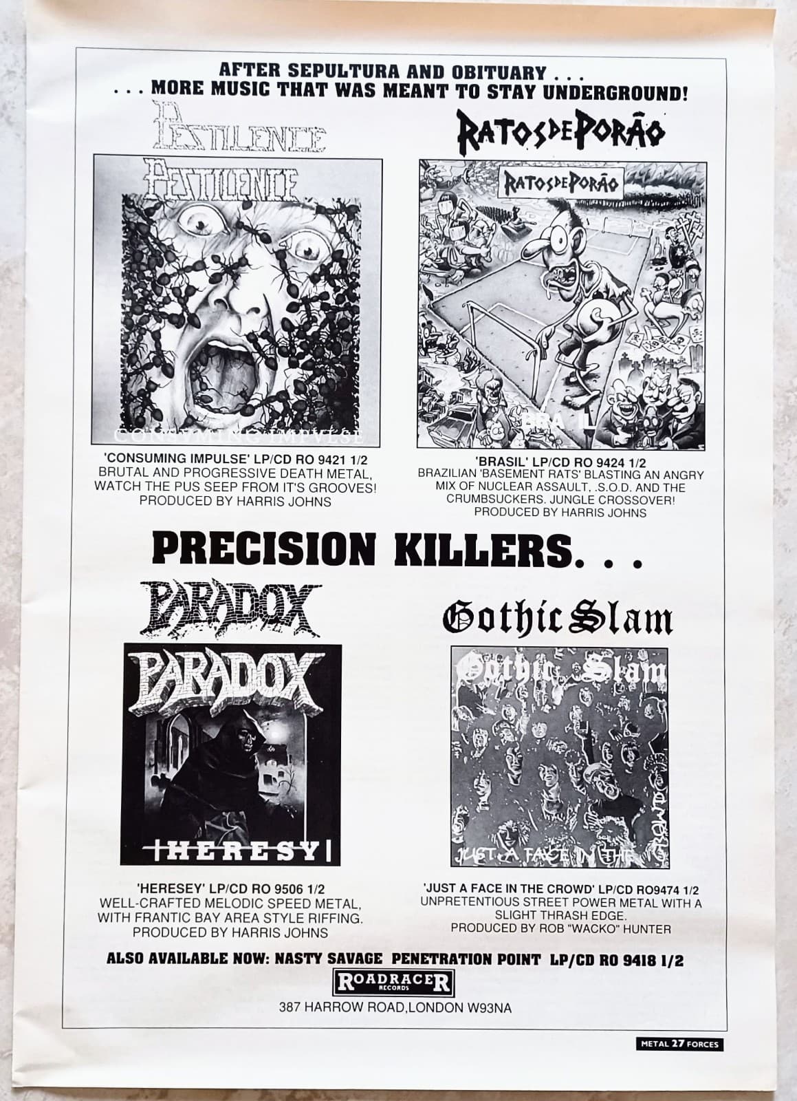 THRASH METAL~PESTILENCE/GOTHIC SLAM/PARADOX~VTG 1989 ALBUM PROMO AD POSTER PINUP