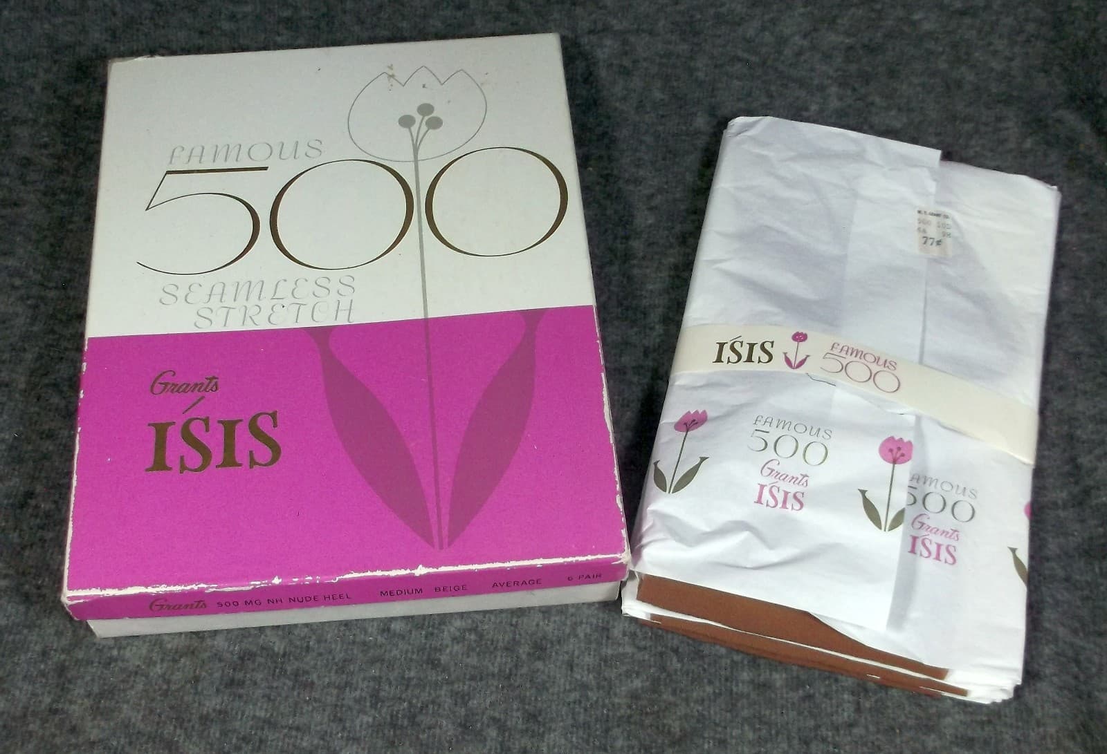 CLEAN VINTAGE BOX WITH 3 NEW GRANTS ISIS FAMOUS 500 STOCKINGS MEDIUM BEIGE